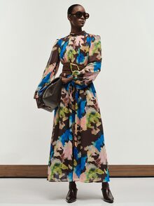 Aveloria Modichic 秋季咖啡藍綠橘拼接色藝術水彩花卉印花立領泡泡長袖收腰百褶胸前抓皺長洋裝 - 彩色 - 查看 6