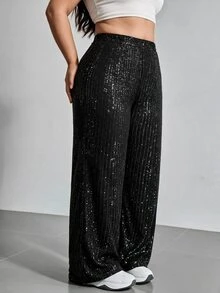 SHEIN MOD Plus Size Women's Black Sequin Wide Leg Pants High Waist Shiny Party Pants,Christmas,New Year's Eve,Party,Shiny Pants,Black Pants - Black - View 9