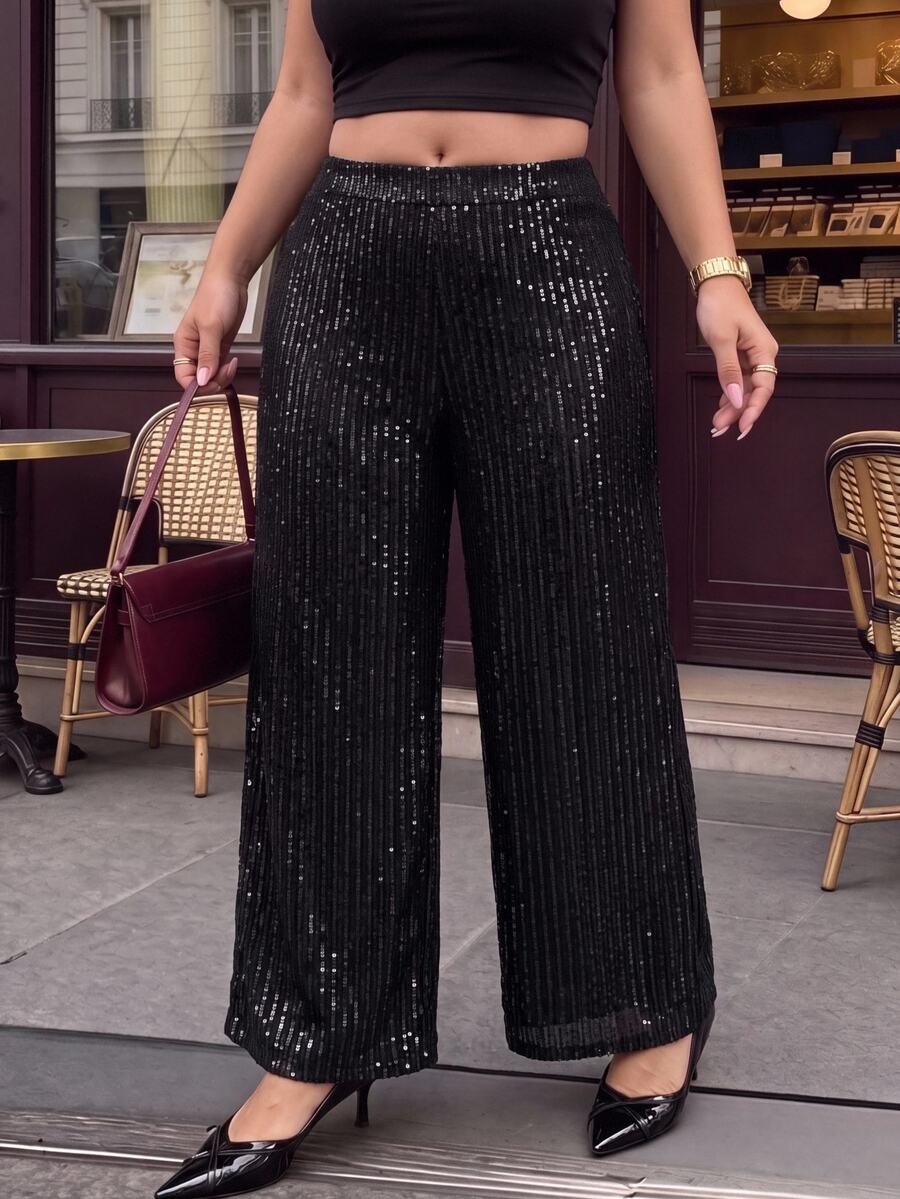 SHEIN MOD Plus Size Women's Black Sequin Wide Leg Pants High Waist Shiny Party Pants,Christmas,New Year's Eve,Party,Shiny Pants,Black Pants - Black - View 1