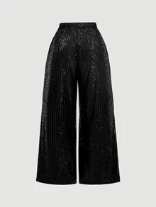 SHEIN MOD Plus Size Women's Black Sequin Wide Leg Pants High Waist Shiny Party Pants,Christmas,New Year's Eve,Party,Shiny Pants,Black Pants - Black - View 3