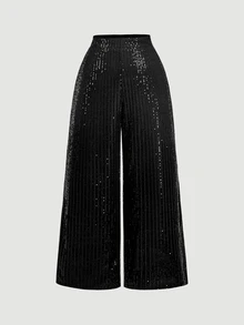 SHEIN MOD Plus Size Women's Black Sequin Wide Leg Pants High Waist Shiny Party Pants,Christmas,New Year's Eve,Party,Shiny Pants,Black Pants - Black - View 2