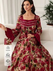 Al Najma 方领喇叭袖接缝褶饰棉质印花中长连衣裙，端庄 - 彩色 - 查看 1
