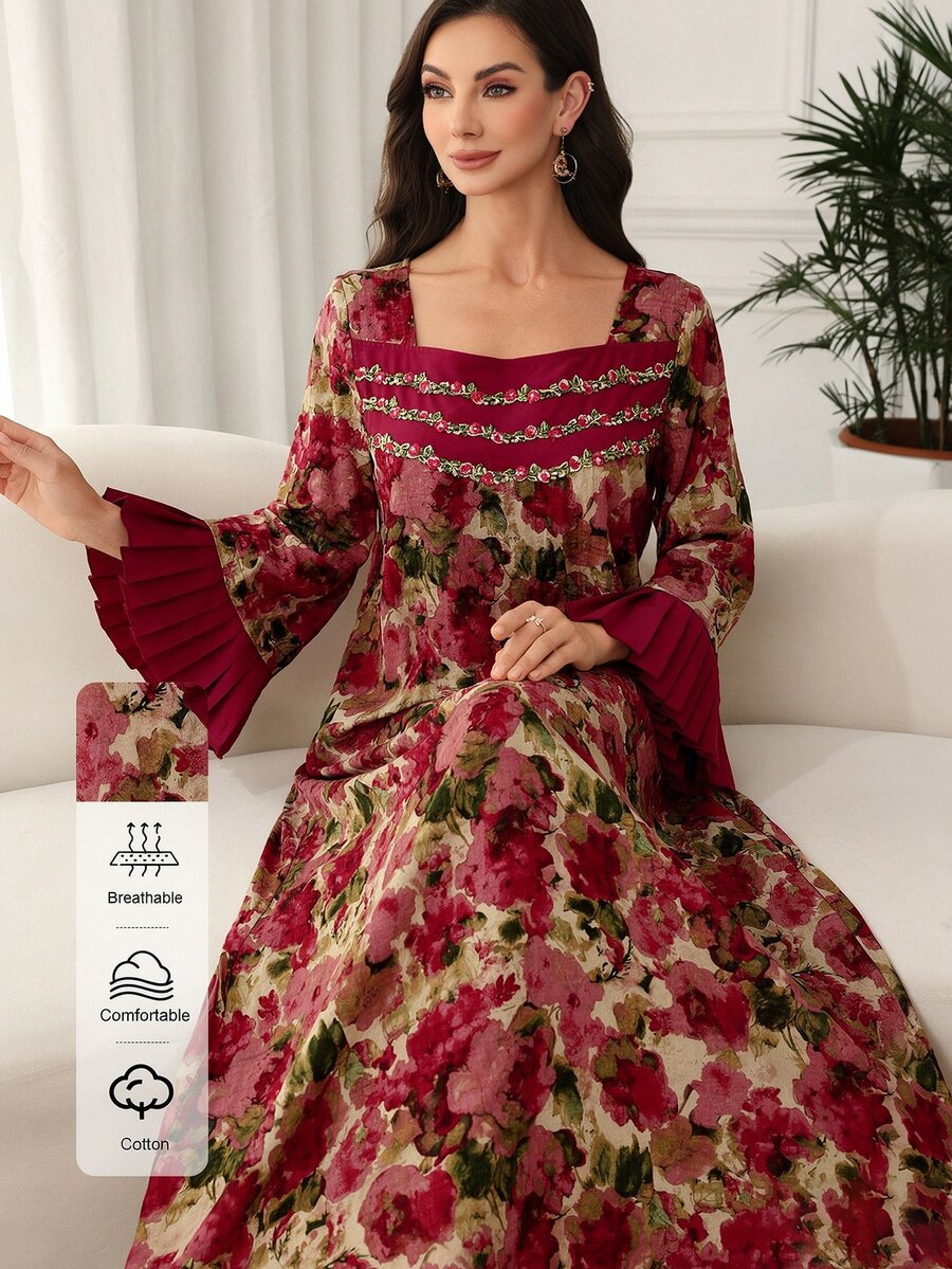 Al Najma 方领喇叭袖接缝褶饰棉质印花中长连衣裙，端庄 - 彩色 - 查看 1