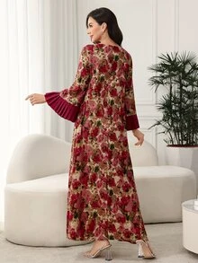 Al Najma 方领喇叭袖接缝褶饰棉质印花中长连衣裙，端庄 - 彩色 - 查看 3