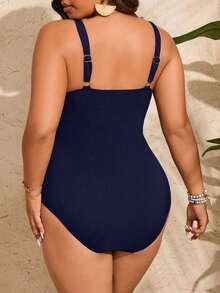 SHEIN Swim Curve 2025 大尺碼女款純色抓皺連身泳衣，海軍藍，性感優雅，適合夏季海灘派對度假 - 藏蓝色 - 查看 2