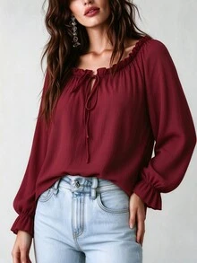 EMERY ROSE Women's Ruffle Square Neck Long Sleeve Cover Up, Bohemian Style Front Tie Ruched Textured Shirt, Flare Cuff Loose Casual Cover-Up, Suitable For Autumn Daily Vacation Wear, Plus Size - Burgundy - View 4