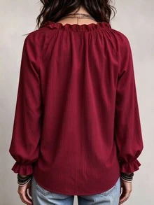 EMERY ROSE Women's Ruffle Square Neck Long Sleeve Cover Up, Bohemian Style Front Tie Ruched Textured Shirt, Flare Cuff Loose Casual Cover-Up, Suitable For Autumn Daily Vacation Wear, Plus Size - Burgundy - View 2