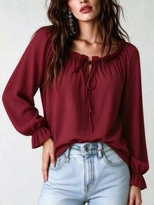 EMERY ROSE Women's Ruffle Square Neck Long Sleeve Cover Up, Bohemian Style Front Tie Ruched Textured Shirt, Flare Cuff Loose Casual Cover-Up, Suitable For Autumn Daily Vacation Wear, Plus Size - Burgundy - View 3
