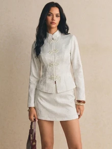 Poéselle Women's Elegant Frog Button Jacquard Blouse And Mini Skirt 2 Pieces Set Dinner Party White - Apricot - View 2