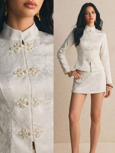 Poéselle Women's Elegant Frog Button Jacquard Blouse And Mini Skirt 2 Pieces Set Dinner Party White