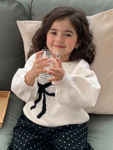 Dazy Kids Sweater Musim Dingin Modis untuk Anak Perempuan: Hiasan Pita, Bahu Jatuh, Lengan Lentera, Leher Bulat - Krem - View 11