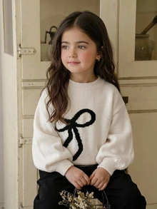 Dazy Kids Sweater Musim Dingin Modis untuk Anak Perempuan: Hiasan Pita, Bahu Jatuh, Lengan Lentera, Leher Bulat - Krem - View 8