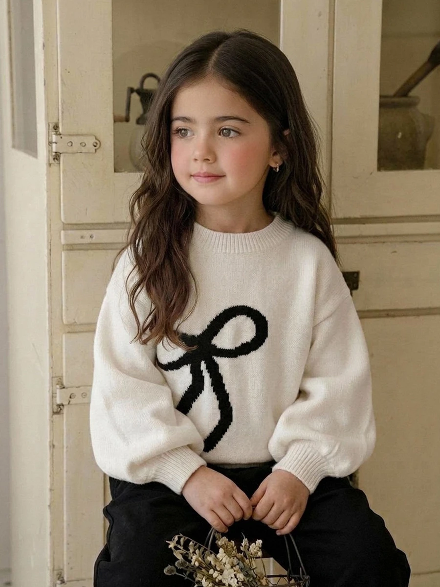Dazy Kids Young Girls Fashion Bow Decor Drop Shoulder Lantern Sleeve Crew Neck Sweater Winter - Beige - View 1