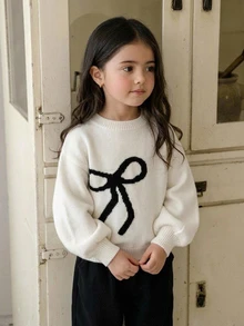 Dazy Kids Sweater Musim Dingin Modis untuk Anak Perempuan: Hiasan Pita, Bahu Jatuh, Lengan Lentera, Leher Bulat - Krem - View 14