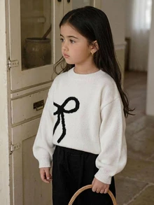 Dazy Kids Sweater Musim Dingin Modis untuk Anak Perempuan: Hiasan Pita, Bahu Jatuh, Lengan Lentera, Leher Bulat - Krem - View 15