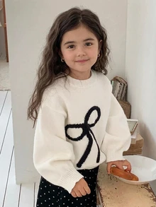 Dazy Kids Sweater Musim Dingin Modis untuk Anak Perempuan: Hiasan Pita, Bahu Jatuh, Lengan Lentera, Leher Bulat - Krem - View 13
