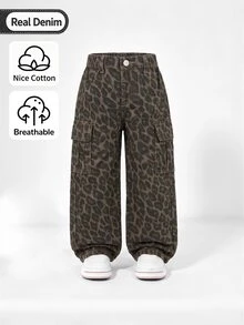 SHEIN Elladie kids 女童豹紋印花工裝牛仔褲，可愛鬆緊腰寬腿牛仔長褲，高腰直筒寬鬆版型，復古街頭風 - 棕色 - 查看 1