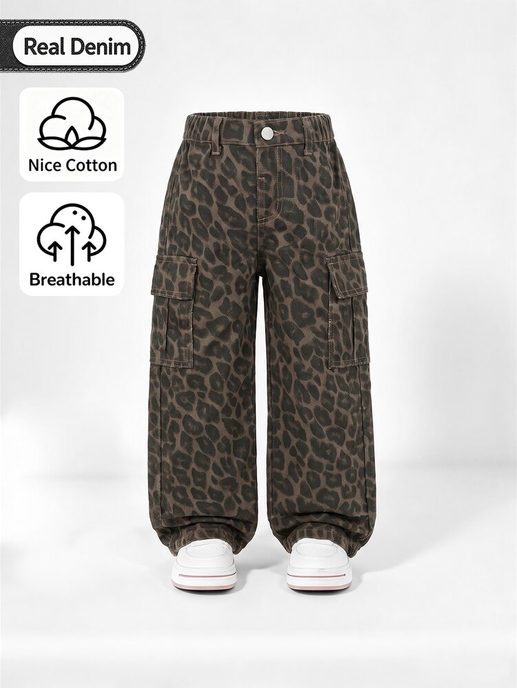 SHEIN Elladie kids Girls Leopard Print Cargo Jeans, Cute Elastic Waist Wide Leg Denim Pants, High Waist Straight Leg Loose Fit Long Pants, Vintage Street Style - Brown - View 4