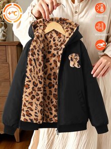 SHEIN Girls' Solid Color Zipper Jacket With Thermal Lining And Embroidery, Comfortable Versatile Autumn/Winter Outerwear - Black - View 1