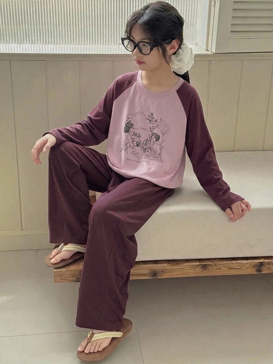 Dazy Kids 青少年女孩秋季服飾 女孩 (大號) 圓領針織印花短袖T恤 + 長褲家居服 春/夏 - 中紫紅色 - 查看 1