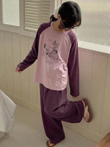 Dazy Kids 青少年女孩秋季服飾 女孩 (大號) 圓領針織印花短袖T恤 + 長褲家居服 春/夏 - 中紫紅色 - 查看 3