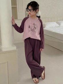 Dazy Kids 青少年女孩秋季服飾 女孩 (大號) 圓領針織印花短袖T恤 + 長褲家居服 春/夏 - 中紫紅色 - 查看 6