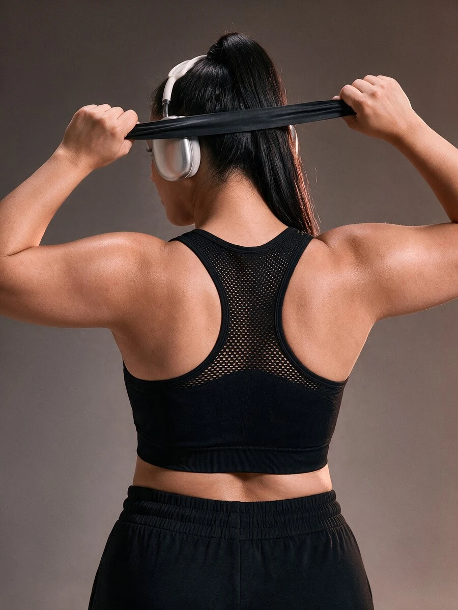 Powerista حمالة صدر رياضية مريحة بمقاسات كبيرة للنساء بتصميم لوحة شبكية داعمة لنمط حياة نشط، حمالة صدر رياضية مبطنة وقابلة للتنفس للنساء، ملابس رياضية للتمارين - الأسود - مشاهدة 1