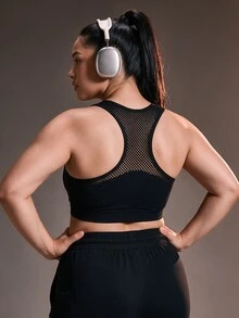 Powerista حمالة صدر رياضية مريحة بمقاسات كبيرة للنساء بتصميم لوحة شبكية داعمة لنمط حياة نشط، حمالة صدر رياضية مبطنة وقابلة للتنفس للنساء، ملابس رياضية للتمارين - الأسود - مشاهدة 5