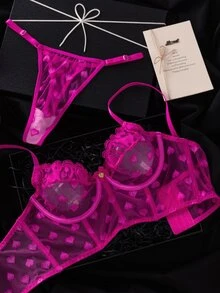 SHEIN 心形可愛日系風網紗蕾絲內衣褲兩件套，婚禮與聖誕秋季風格 - 玫紅色 - 查看 3
