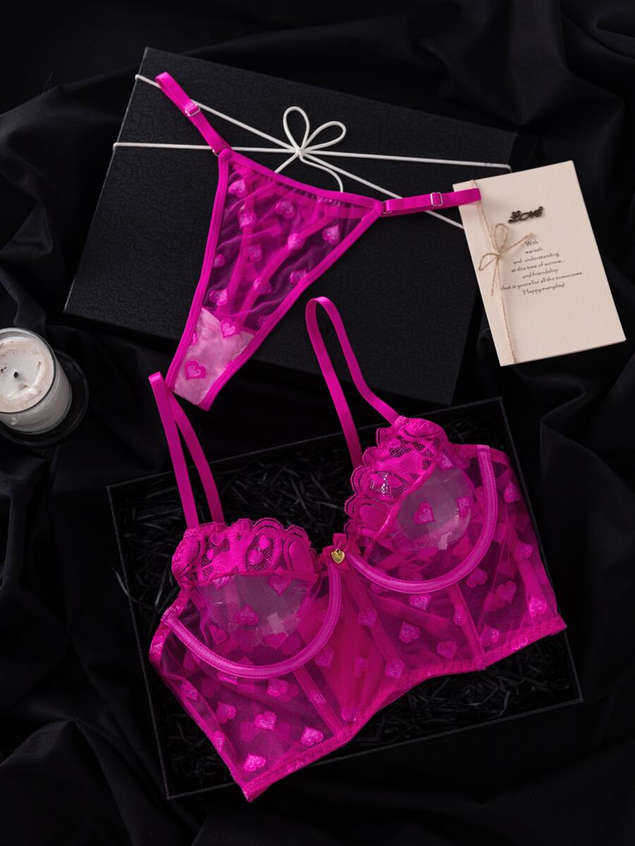 SHEIN 心形可愛日系風網紗蕾絲內衣褲兩件套,婚禮與聖誕秋季風格 - 玫紅色 - 查看 1