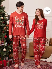 Dream Adore Christmas Print Long Sleeve Pajama Set, Cute Reindeer & Snowflake Pattern Loungewear - Red - View 1