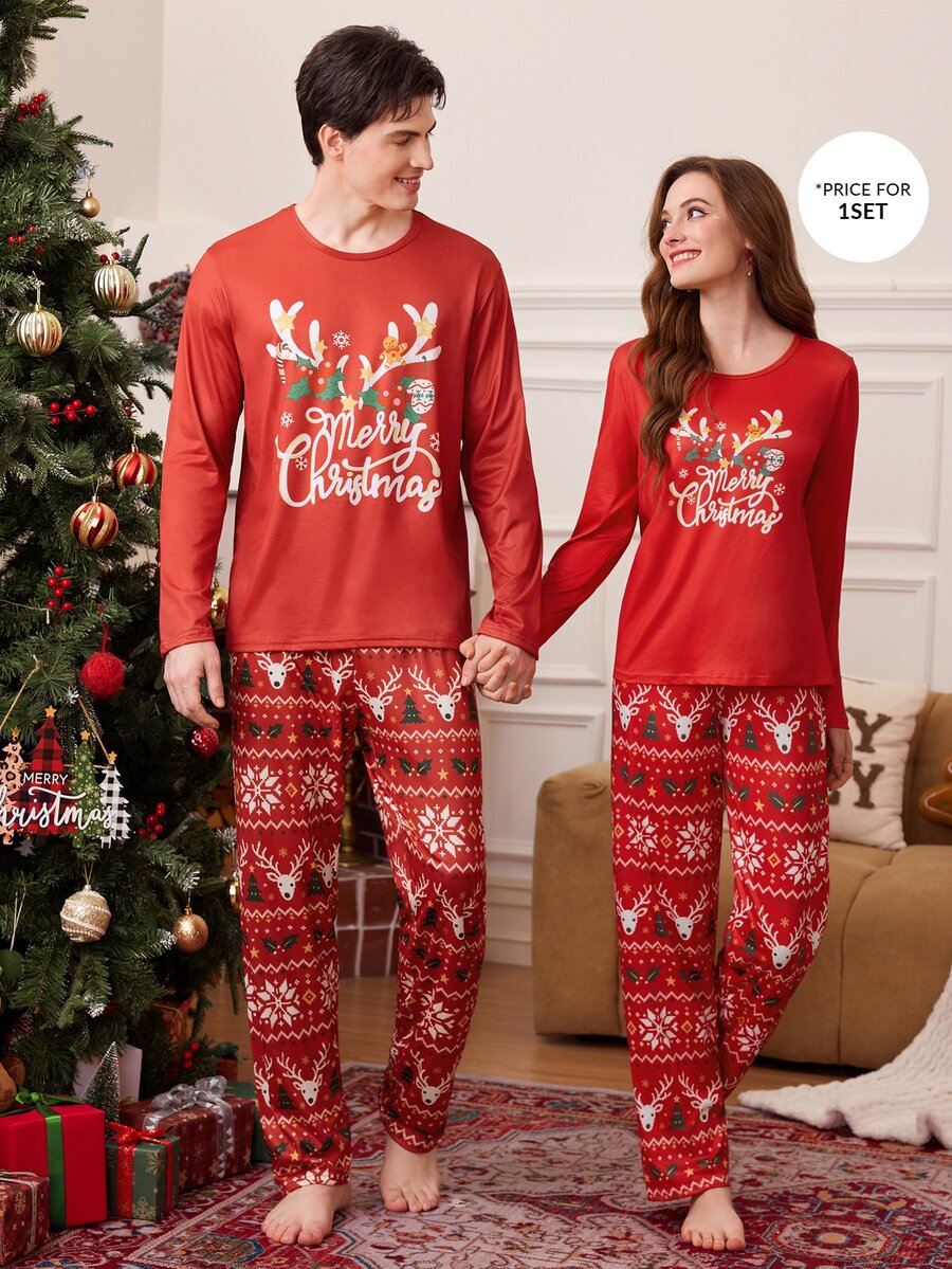 Dream Adore Christmas Print Long Sleeve Pajama Set, Cute Reindeer & Snowflake Pattern Loungewear - Red - View 1