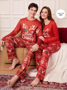 Dream Adore Christmas Print Long Sleeve Pajama Set, Cute Reindeer & Snowflake Pattern Loungewear - Red - View 7