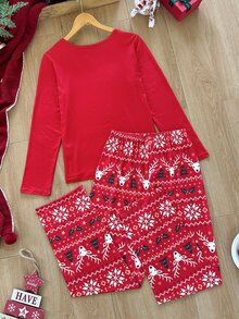 Dream Adore Christmas Print Long Sleeve Pajama Set, Cute Reindeer & Snowflake Pattern Loungewear - Red - View 3