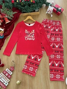 Dream Adore Christmas Print Long Sleeve Pajama Set, Cute Reindeer & Snowflake Pattern Loungewear - Red - View 8