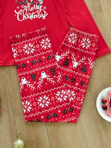 Dream Adore Christmas Print Long Sleeve Pajama Set, Cute Reindeer & Snowflake Pattern Loungewear - Red - View 4
