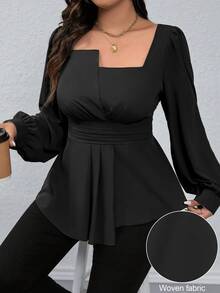 Rometta Plus Size Asymmetric Shoulder Raglan Sleeve Tie Waist Lantern Hem Casual Blouse Shirt Fall Cloth For Women - Black - View 7