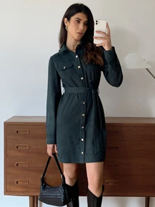Elyressa Flap Detail Belted Corduroy Shirt Dress Fall Cloth For Women - Dark Green - View 5