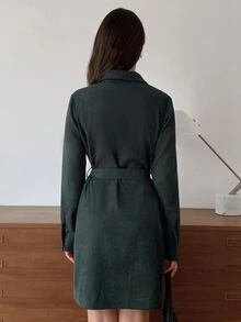 Elyressa Flap Detail Belted Corduroy Shirt Dress Fall Cloth For Women - Dark Green - View 2