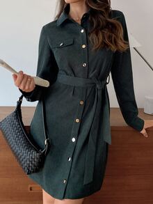 Elyressa Flap Detail Belted Corduroy Shirt Dress Fall Cloth For Women - Dark Green - View 3