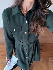 Elyressa Flap Detail Belted Corduroy Shirt Dress Fall Cloth For Women - Dark Green - View 6