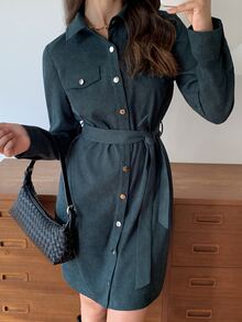 Elyressa Flap Detail Belted Corduroy Shirt Dress Fall Cloth For Women - Dark Green - View 4