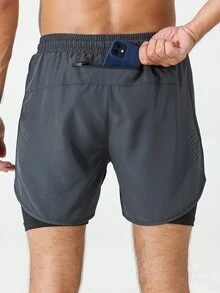 Coreblaze Manfinity Fitness Men Drawstring Waist 2 In 1 Sports Stretchy Shorts With Phone Pocket,Lightweight Boyfriend Style Gym Basketball Grey Training Shorts - Dark Grey - View 2