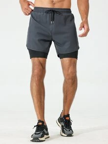 Coreblaze Manfinity Fitness Men Drawstring Waist 2 In 1 Sports Stretchy Shorts With Phone Pocket,Lightweight Boyfriend Style Gym Basketball Grey Training Shorts - Dark Grey - View 3