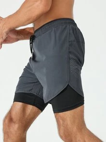 Coreblaze Manfinity Fitness Men Drawstring Waist 2 In 1 Sports Stretchy Shorts With Phone Pocket,Lightweight Boyfriend Style Gym Basketball Grey Training Shorts - Dark Grey - View 5