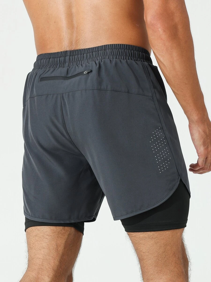 Coreblaze Manfinity Fitness Men Drawstring Waist 2 In 1 Sports Stretchy Shorts With Phone Pocket,Lightweight Boyfriend Style Gym Basketball Grey Training Shorts - Dark Grey - View 1