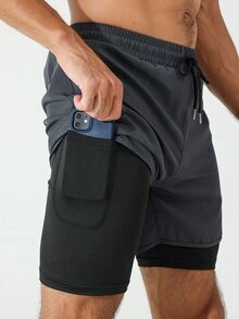 Coreblaze Manfinity Fitness Men Drawstring Waist 2 In 1 Sports Stretchy Shorts With Phone Pocket,Lightweight Boyfriend Style Gym Basketball Grey Training Shorts - Dark Grey - View 7