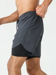 Coreblaze Manfinity Fitness Men Drawstring Waist 2 In 1 Sports Stretchy Shorts With Phone Pocket,Lightweight Boyfriend Style Gym Basketball Grey Training Shorts - Dark Grey - View 6