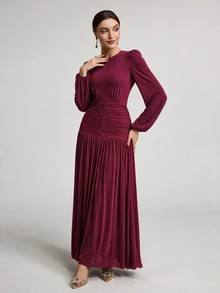 Veilorie Women's Solid Color Round Neck Lantern Sleeve Pleated Maxi Elegant Dress - Red Violet - View 7