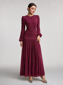 Veilorie Women's Solid Color Round Neck Lantern Sleeve Pleated Maxi Elegant Dress - Red Violet - View 6